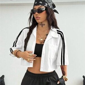 White Cropped Shirt with Black Stripes